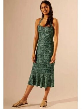 Hutch Anthropologie Green Blue Floral Halter Corset Sweetheart Midi Dress Size M